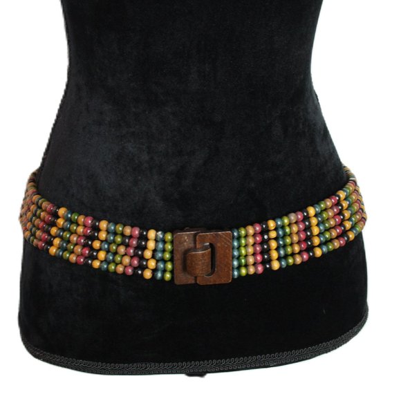 Wooden Stranded Elastic Stretch Beaded Belt Brown,Black,Red,tan,Green,Blue Boho - Picture 1 of 5